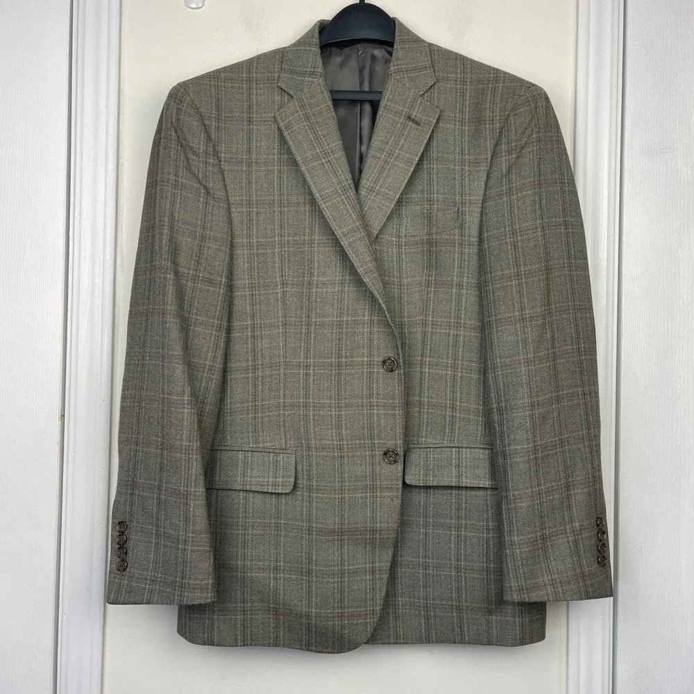 Jos A Bank Signature Tan Plaid SILK + WOOL‎ 42R Blazer Sport Coat Suit Jacket